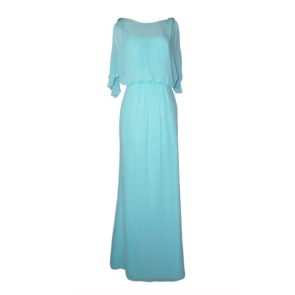 David's Bridal Turquoise Bridesmaid Elegant Long Dress With Crystal Details Sz 2